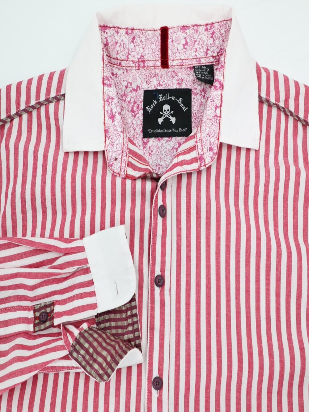 Rock Roll N Soul Shirt Men XL Cotton Button Up Long Sleeve Striped contrast trim - Picture 1 of 12